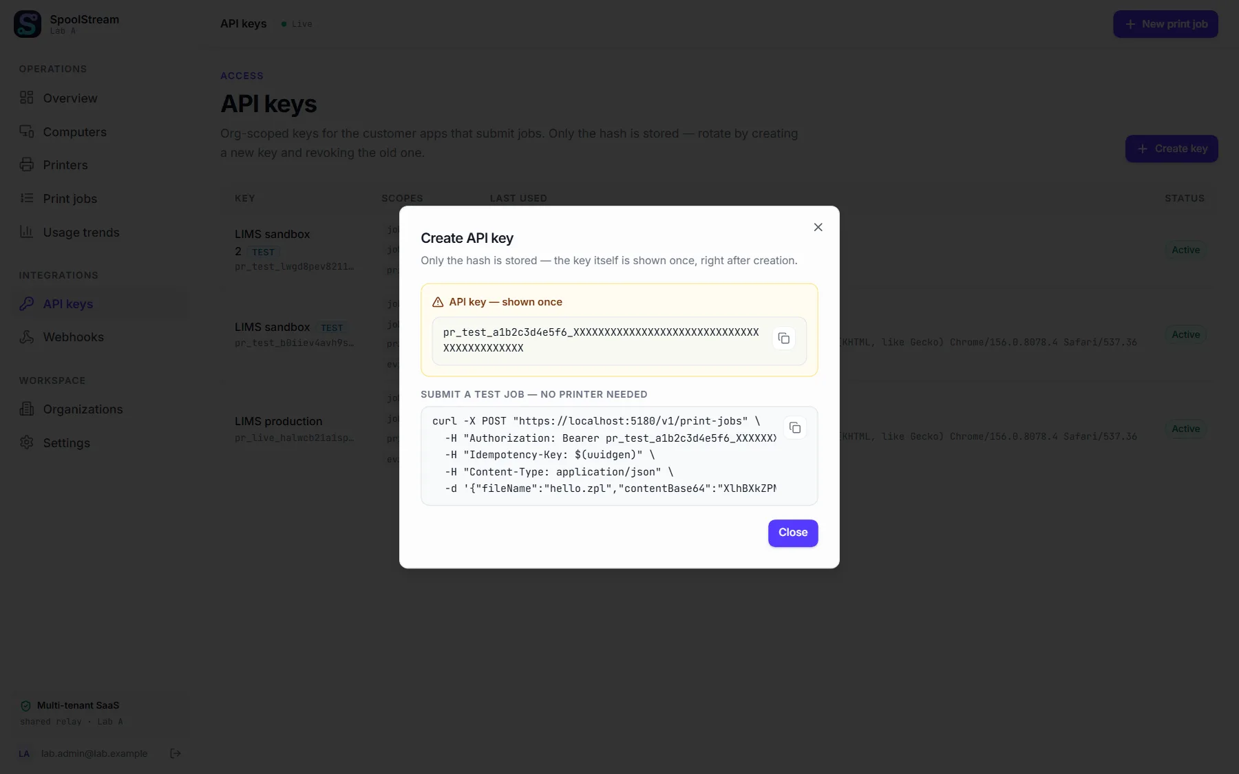 Le formulaire de nouvelle tâche du tableau de bord, avec l’imprimante virtuelle choisie, prêt à envoyer un document de test.